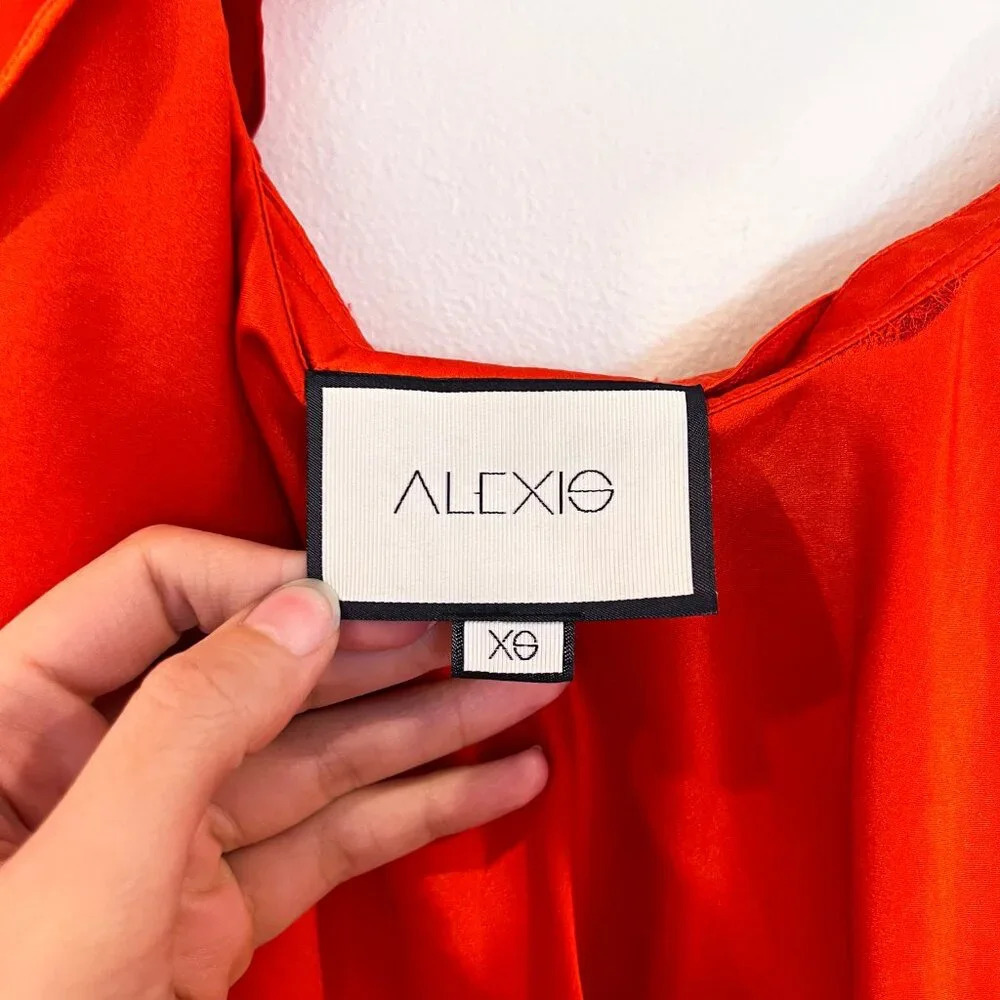 Alexis 100% Silk Red Ruffled One Shoulder Formal Satin Lightweight Midi Dress XS - Picture 3 of 10